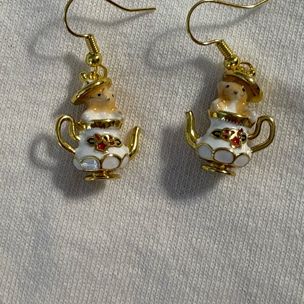 Charming Metal and Enamel Gold and White Teapot Earrings